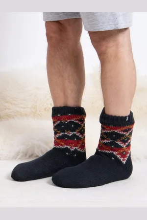 Totes Navy Mens Pattern Winter Slipper Socks One