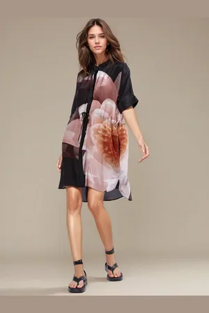 Religion Jade Tunic Dress With Large Pink Floral Placement Print AU 12