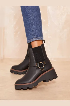 Friends Like These Black Wedge Heel Chunky Biker Faux Leather Ankle Boots AU 9 (EU 40)