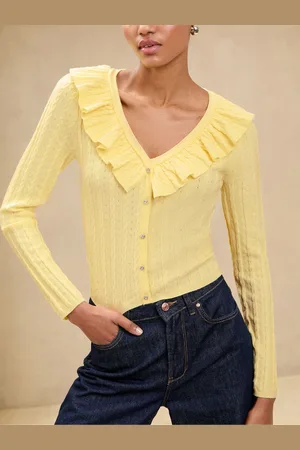 Lipsy London Buttermilk Yellow Ruffle Front V-Neck Pointelle Detail Long Sleeve Knit Top AU 16