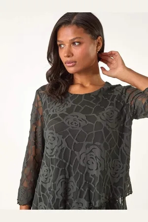 Roman Green Burnout Rose Print Detail Asymmetric Tunic AU 10