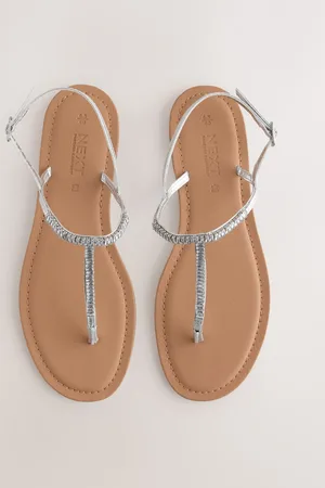 Next Silver Leather Standard/Wide Fit Forever Comfort Jewelled T-Bar Toe Thong Sandals AU 6.5 (EU 37.5)