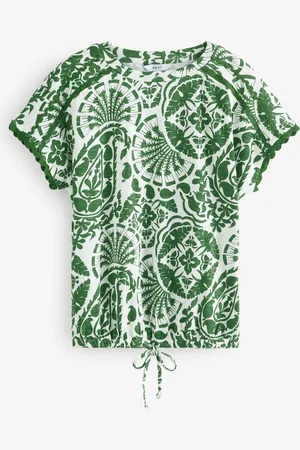 Next Green Print Short Sleeve Bubblehem 100% Cotton T-Shirt AU 10 Petite
