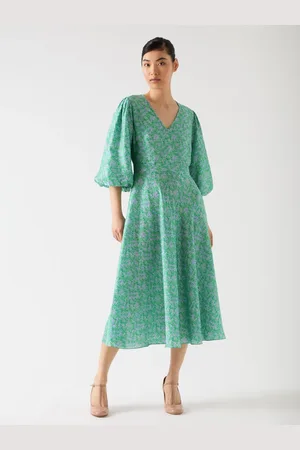 LK Bennett Lola Birch Viscose Blend Blossom Print Jacquard Dress With Statement Sleeve AU 8