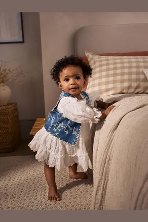 Next 100% Cotton Woven Baby Broderie Dress And Denim Waistcoat Set (0mths-2yrs) Up to 1 Month (56cm)