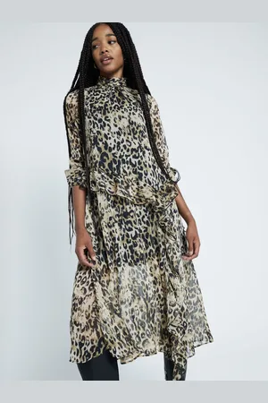 River Island Animal Print High Neck Frill Midi Dress AU 16