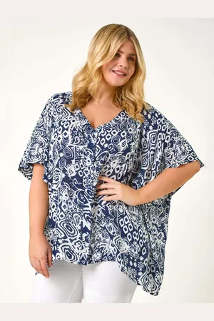Roman Blue Curve Ikat Print Asymmetric Blouse AU 20