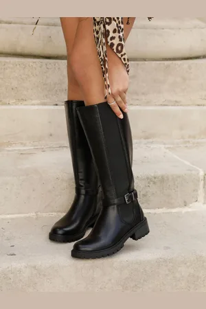 Linzi Black Gilded High Leg Boots With Stretch Side Panel and Buckle Detail AU 6 (EU 37)