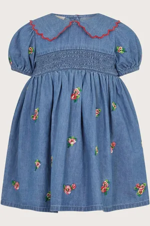 Monsoon Baby Floral Print Embroidered Chambray 100% Cotton Dress 2