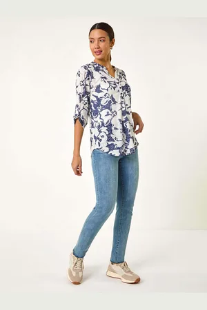 Roman Floral Print Burnout V-Neck Shirt AU 16