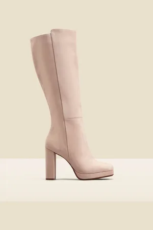 Sosandar Cream Nubuck Leather Platform Block Heel Knee High Boots AU 8 (EU 39)