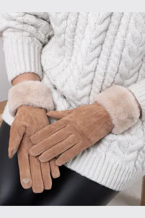 Totes Nude Isotoner Winter Three Point Suede Ladies Gloves with Faux Fur Cuff L