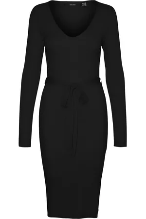 VERO MODA Long Sleeve V-Neck Belted Rib Dress AU 16