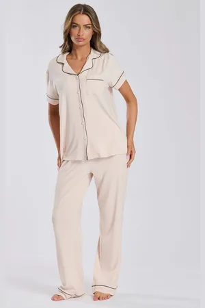 Loungeable Cream Rib Jersey Short Sleeve Traditional And Long Pyjamas XL