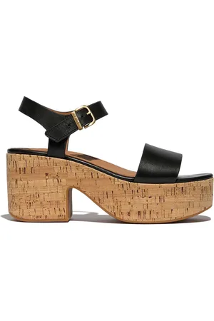 FitFlop Platfforms Leather Cork Heeled Ankle Strap Black Sandals AU 9 (EU 41)