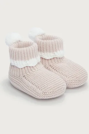 The White Company 100% Cotton Scallop Pom Knitted Pram Booties Shoes 6