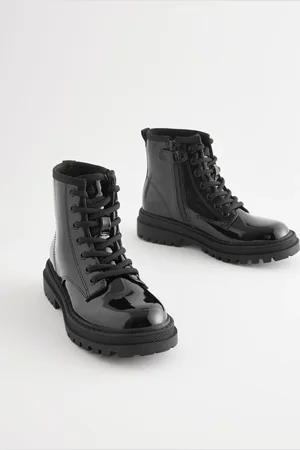 Next Black Patent Wide Fit (G) Warm Lined Lace-Up Ankle Boots AU 13.5 (EU 32.5)