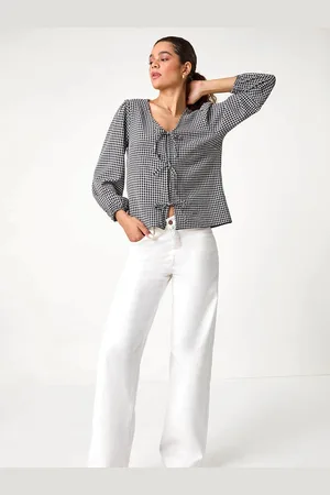 Roman Black Gingham Print Tie Front Woven Top AU 14