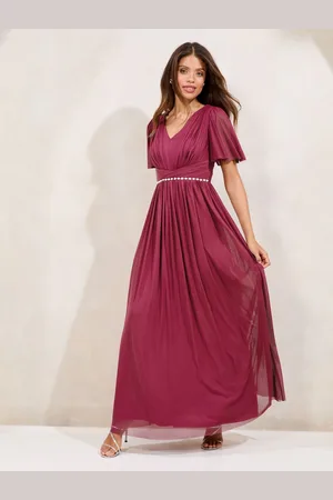 Lipsy London Short Sleeve Pearl Trim Mesh Maxi Bridesmaid Dress AU 10