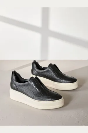 Next Black Croc Slip On Signature Forever Comfort Leather Chunky Wedge Platform Trainers AU 9 (EU 41)