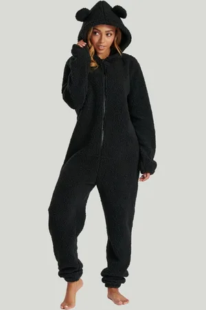 Loungeable Black Black Fleece All-In-One With Ears L
