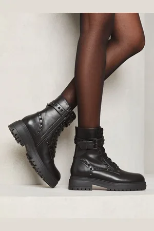 Lipsy London Black Chunky Biker Studded Lace Up Flat Faux Leather Ankle Boots AU 9 (EU 40)