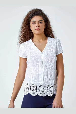 Roman White Embroidered Crinkle 100% Cotton Blouse AU 16