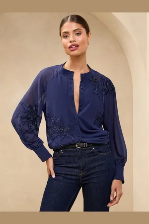 Lipsy London Navy Long Sleeve Grandad Collar Blouse AU 6