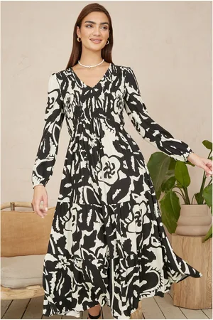 Yumi Abstract Print Ruched Midi Dress With Long Sleeves AU 14