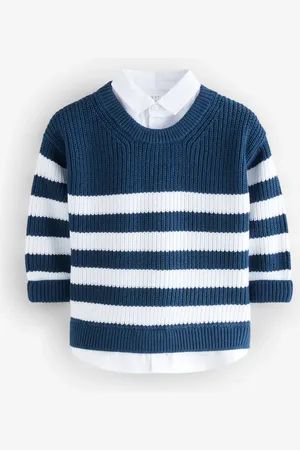 Next Navy Stripe 100% Cotton Knitted Mock Shirt Jumper (3mths-7yrs) 6