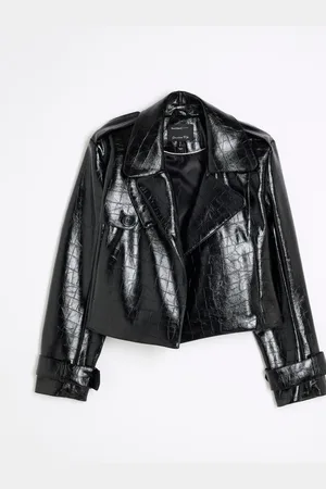 River Island Black Faux Leather Crop Trench Coat XS