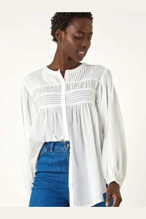 Roman White Pleat Detail Button Through 100% Cotton Blouse AU 10