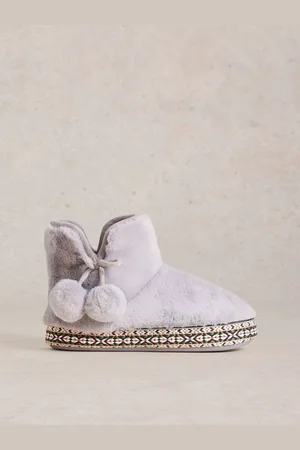 White Stuff Grey Faux Fur Bootie Slippers S