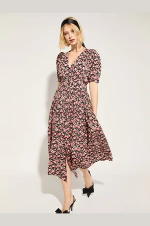 Baukjen Holly V-Neck Waisted Midi Rose Floral Print Dress AU 16