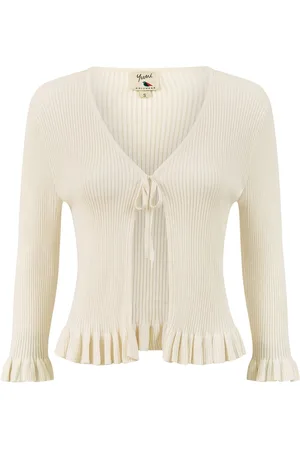 Yumi White Tie Up Ribbed Cardigan With Frill Hem L