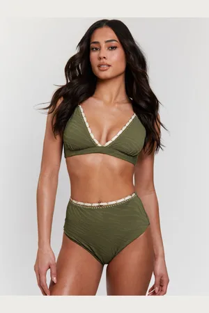 South Beach Green Zebra Crinkle Embroidery Detail High Waist Tummy Control Bikini Set AU 14