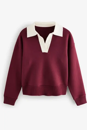 Next Burgundy Red/Ecru Soft Touch Cosy Collared Button Down Polo Sweatshirt XL