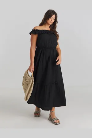 Simply Be Black Beach To Beach Cheesecloth Maxi Bardot Cover-Up AU 24-26
