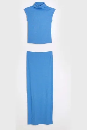 River Island Blue 2 Piece Set Ribbed Roll Neck and Midi Skirt AU 16
