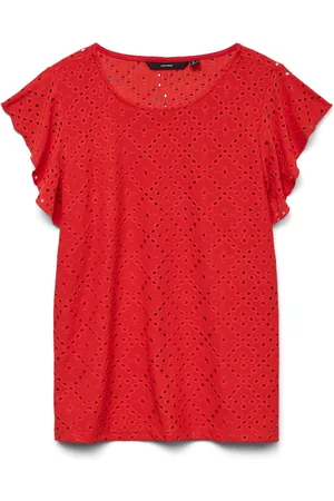 VERO MODA Red Broderie Short Sleeve T-Shirt