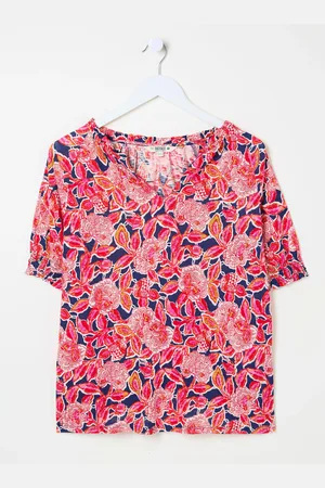 Fat Face FatFace Florence Indigo Blue Batik Floral Short Sleeve Top AU 24