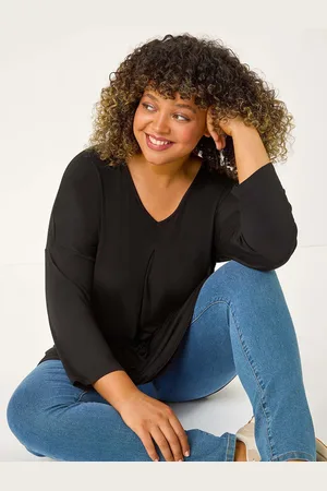 Roman Black Curve V-Neck Pleat Tunic Top 20