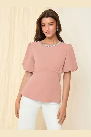 Friends Like These Pink Puff Sleeve Embellished Neck Trim Blouse AU 16