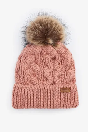 Barbour Pink Penshaw Cable Knit Faux Fur Pom Beanie Logo Hat one