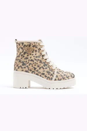 River Island Brown Girls Leopard Canvas Heeled Boots AU 10 (EU 28)