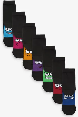 Next Black/ Bright Faces Cotton Rich Socks 7 Pack 6-8.5 Jnr