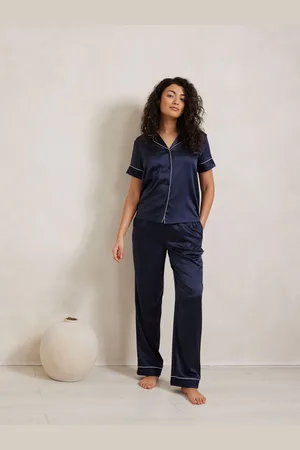 Chelsea Peers Blue Satin Lace Trim Short Sleeve Long Pyjama Set AU 16