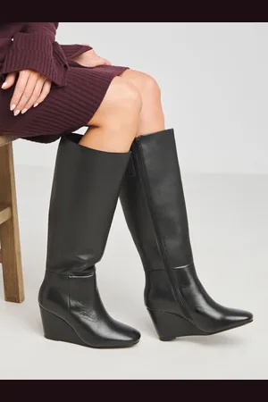 Simply Be Black Wedges Leather Slouch Knee High Boots in Wide Fit AU 7 (EU 38)