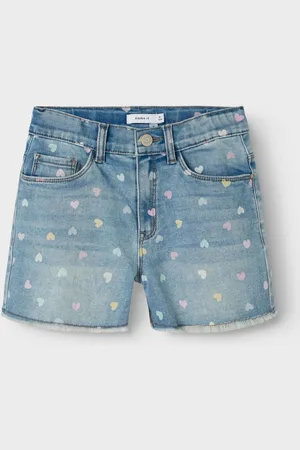 NAME IT High Waisted Heart Print Denim Shorts 10 Years (140cm)