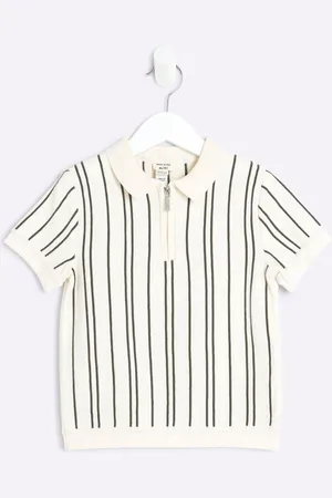 River Island Boys Ecru Vertical Stripe 100% Cotton Polo Shirt 2